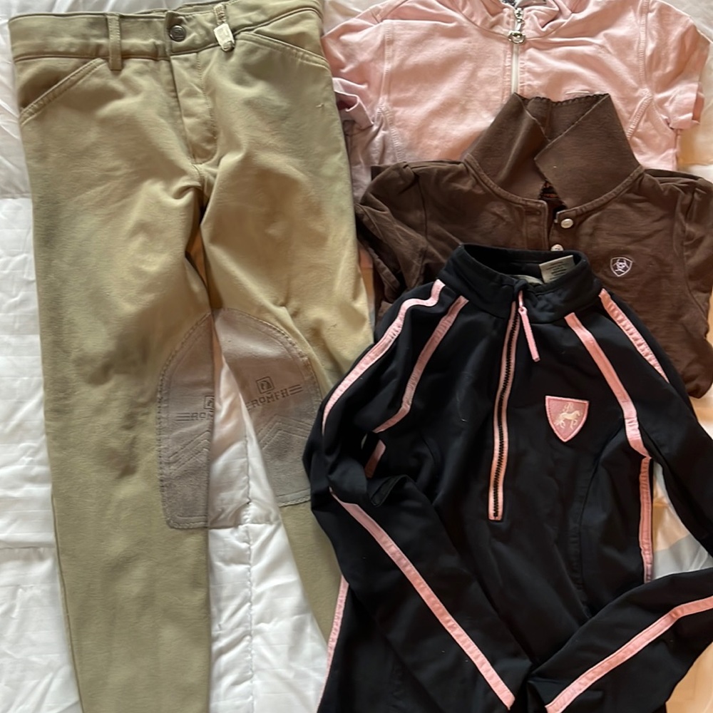 Riding clothes sz 8, two shirts, pullover and ROMFH breeches
